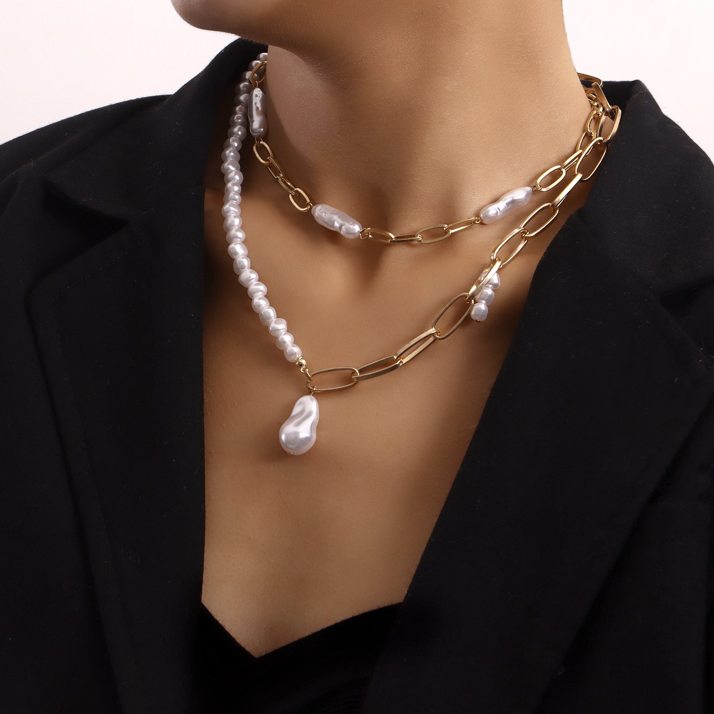 European And American Cross-border Jewelry Double-layer Paper Clip Chain Special-shaped Pearl Pendant Necklace Women's Trendy Small Fragrant Style Women's Necklace