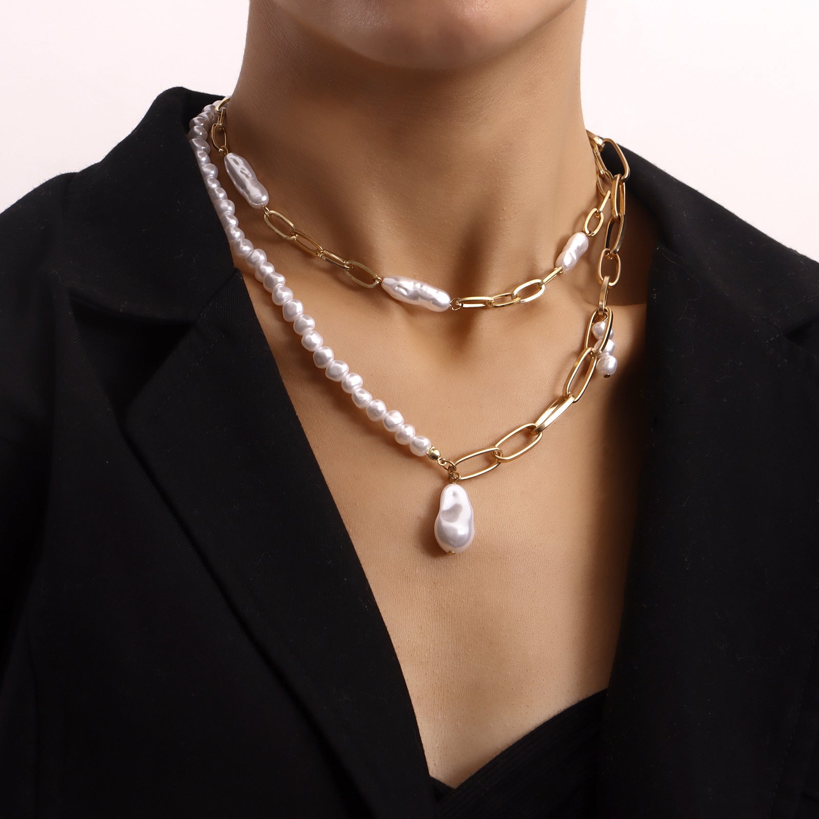 European And American Cross-border Jewelry Double-layer Paper Clip Chain Special-shaped Pearl Pendant Necklace Women&#039;s Trendy Small Fragrant Style Women&#039;s Necklace