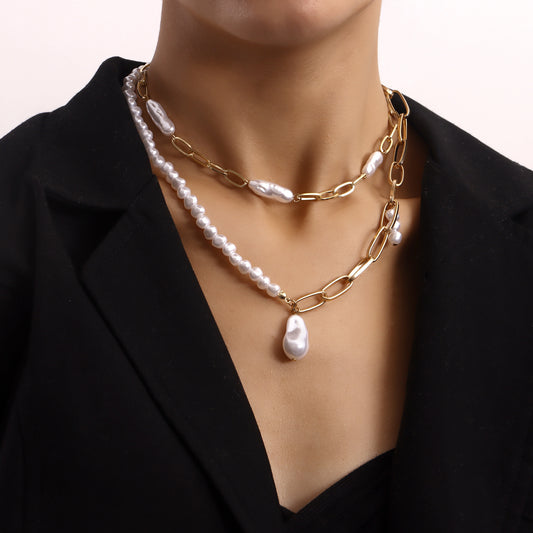 European And American Cross-border Jewelry Double-layer Paper Clip Chain Special-shaped Pearl Pendant Necklace Women&#039;s Trendy Small Fragrant Style Women&#039;s Necklace