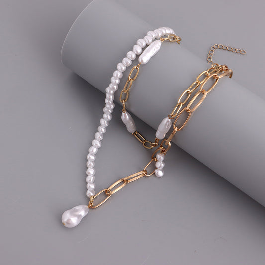 European And American Cross-border Jewelry Double-layer Paper Clip Chain Special-shaped Pearl Pendant Necklace Women&#039;s Trendy Small Fragrant Style Women&#039;s Necklace